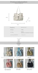 Detaillierte Übersicht der Maße und sechs Farbvarianten der gewaschenen Canvas-Tasche