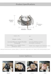 Detailed spec sheet showing silver pleated bucket bag dimensions and four color options