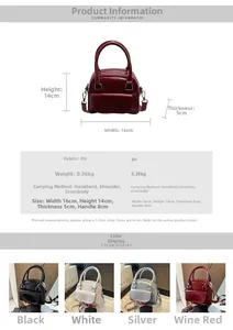 Mini Boston bag dimension guide showing 16x14x5cm size details and PU leather specs