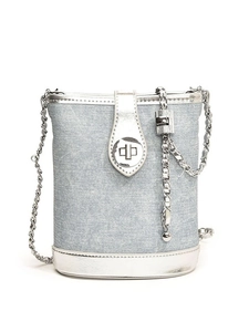 Light blue denim bucket bag with silver chain strap and metallic buckle closure