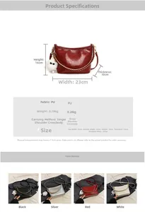 Detailed size chart for silver PU chain bag with 23x16x10cm dimensions and strap length