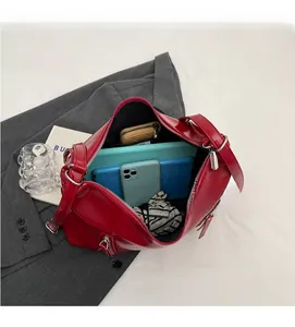 Top view of red PU tote bag interior showing large capacity for tablet and umbrella
