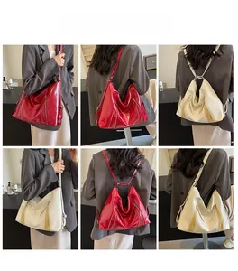 Multiple views of large capacity bow backpack in red and beige faux leather