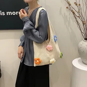 Sac Fourre-tout en Tricot pour Femmes Fleurs Grande Capacité Sac à Bandoulière Floral au Crochet Sac à Main pour le Voyage