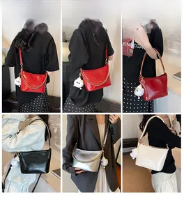 Collage of four stylish chain bags in red, black, silver, and white with plush charms