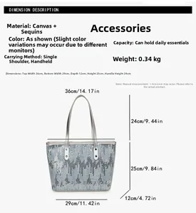 Detailed view of silver-blue sequin tote bag with precise dimensions and handle height