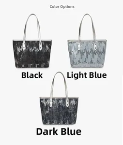 Glittering sequin tote bags in black, light blue, and deep blue with silver handles