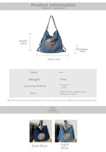 Size chart showing denim tote dimensions 34x33x15cm and dual-use backpack straps
