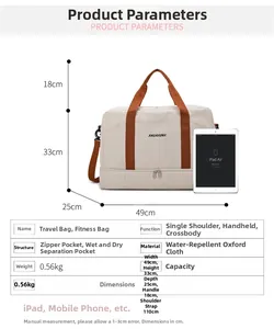 Guide des tailles détaillé pour sac de voyage en Oxford 49x33x25cm avec poche sec-humide