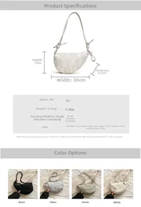 Detailed size specifications and material chart for the PU crescent dumpling bag