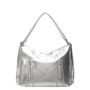 Silver metallic crescent tote bag with vertical zippers and wide shoulder strap