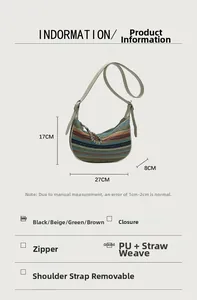 Detail view of colorful striped hobo bag with PU strap and 27x17x8cm size specs