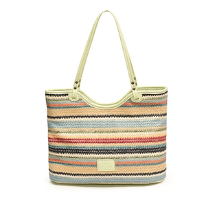 Colorful striped woven tote bag with light green shoulder straps and logo patch detail
