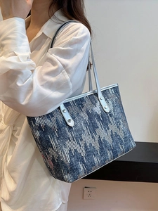 Large capacity denim blue tote bag with silver sequins and metallic straps for women
