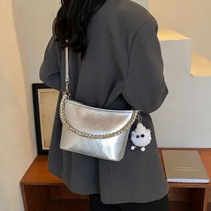 Women Fashion PU Leather Bucket Shoulder Bag Metal Chain Furry Monster Pendant Retro Silver Red Black Underarm Handbag