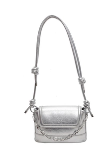 Silver bucket bag with metallic cracked texture and knot rope strap design
