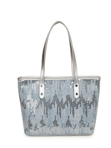 Large silver sequin tote bag for women with blue wavy geometric patterns and long straps