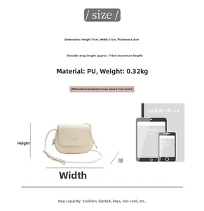 Detailed sizing chart and material specs for the ivory PU leather crossbody bag