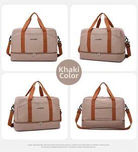 Vue détaillée du sac de voyage kaki avec compartiment inférieur séparé et bandoulière