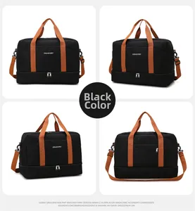 Détail du sac de voyage en tissu Oxford noir avec sangles orange et compartiment à chaussures