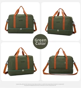 Vue détaillée sur quatre côtés d'un grand sac de voyage en nylon vert avec poignées orange