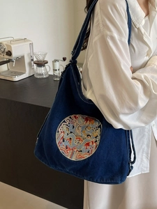 Large capacity dark blue denim tote bag with exquisite traditional embroidery details
