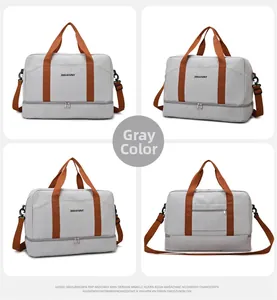 Vue détaillée du sac de voyage gris avec poignées et compartiment à chaussures