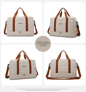 Vue détaillée du grand sac de voyage beige avec anses brunes et compartiment à chaussures