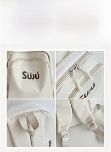 Detail view of cream backpack featuring Suju logo, dual zippers, and adjustable straps