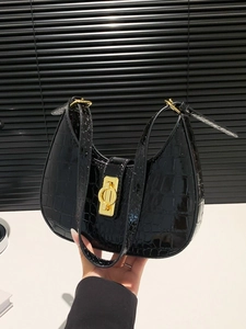 Sac à bandoulière hobo noir élégant gaufré crocodile avec boucle en métal doré