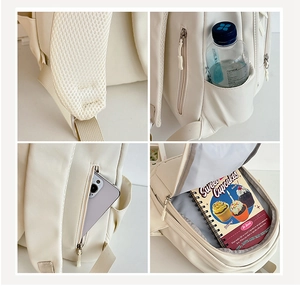 Detail view of honeycomb breathable straps and hidden anti-theft pocket on cream backpack