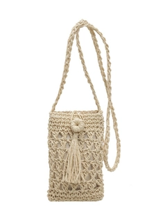 Handmade woven phone bag in cream with fringe tassels and long crossbody shoulder strap
