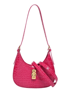 Sac à bandoulière fuchsia gaufré crocodile en forme de lune avec fermoir rotatif doré