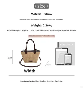 Size guide for straw beach bag with dimensions 16x28x9cm and weight capacity details