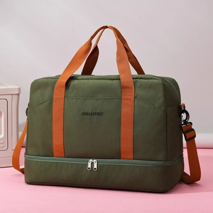 Sac de voyage en tissu oxford vert olive avec sangles orange et compartiment à chaussures