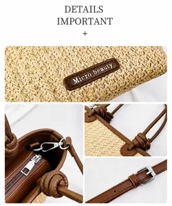 Detail of hand-woven straw tote bag with brown leather handles and knot craftsmanship