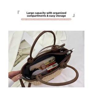 Interior view showing large capacity for phone and cosmetics in woven straw bag