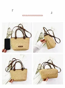 Detailed four-way view of beige straw tote with brown leather handles and strap