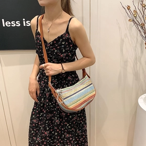 Rainbow woven hobo straw bag with brown leather strap and pearl detail for beach