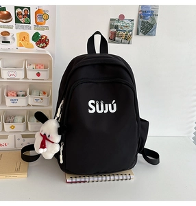 Detail of a black minimalist backpack with SÜJÚ lettering and a white plush dog pendant