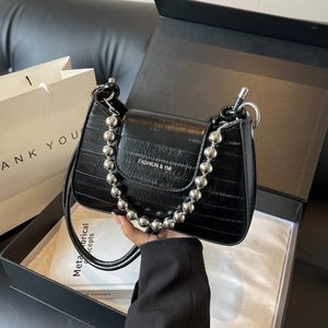 Elegant black crocodile pattern leather underarm bag with silver bead chain accessory