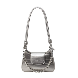 Silver metallic underarm bag with mirror finish and bead chain strap on white background