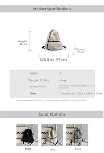 Detailed size specifications and color options for the lightweight nylon canvas backpack