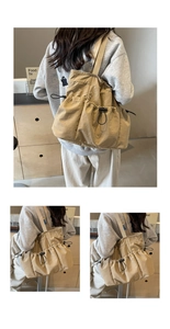 Detail van kaki tote bag met zijvak met trekkoord en een brede geweven schouderband