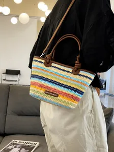 Women Summer Vacation Straw Woven Crossbody Bag Bohemian Striped Basket Handbag Leather Handle Knot Design Beach Travel Shoulder Bag