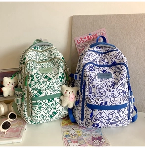 Detailansicht des Graffiti-Rucksacks mit Plüschbären-Anhänger und Seitentaschen