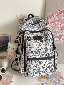 Große Kapazität Graffiti Druck Schulrucksack Für Teenager Mädchen High School College Student Nylon Reise Daypack Mit Bär Schlüsselanhänger