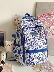 Weißer Canvas Rucksack für Schüler mit blauen Graffiti und Plüschbär-Anhänger