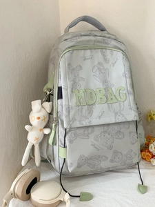 Hellgrüner Rucksack mit Teddybär-Print und Hasenanhänger für Schüler, großes Fassungsvermögen