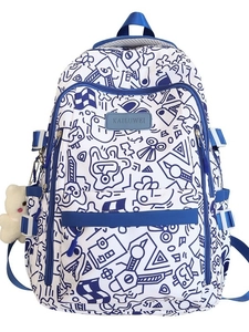 Schülerrucksack mit blauen Cartoon-Graffiti-Mustern und süßem Bären-Plüschanhänger